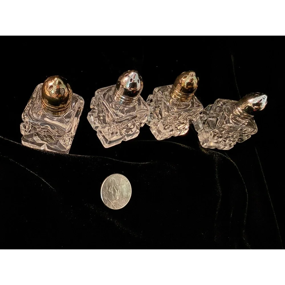 Vintage Silver & Crystal Cut Glass Miniature Salt and Pepper Shakers Set of 4